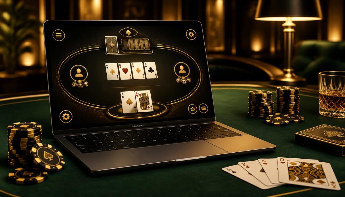 Laptop on a green felt table running a card game through an Android emulator
